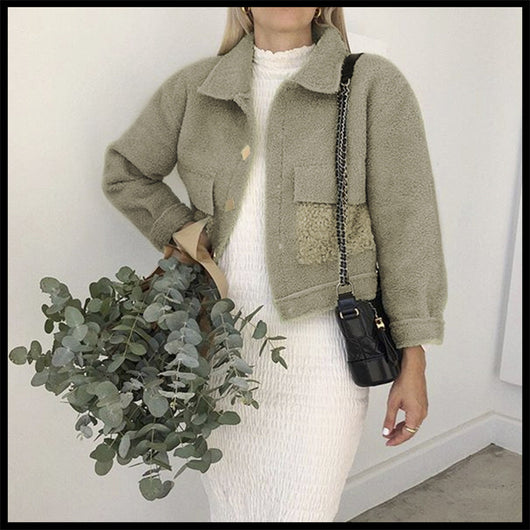 Chaqueta de Piel Sintética Cálida Estilo Europeo Verde Gris - Image 8