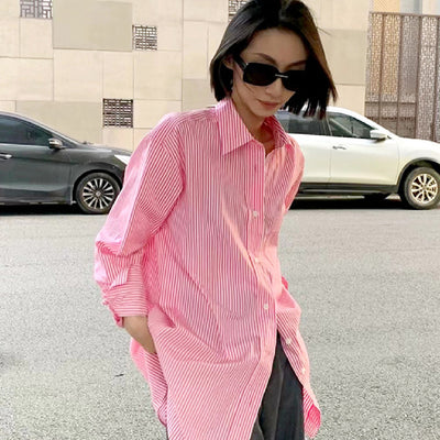 Camisa Suelta de Algodón a Rayas con Manga Larga para Mujer