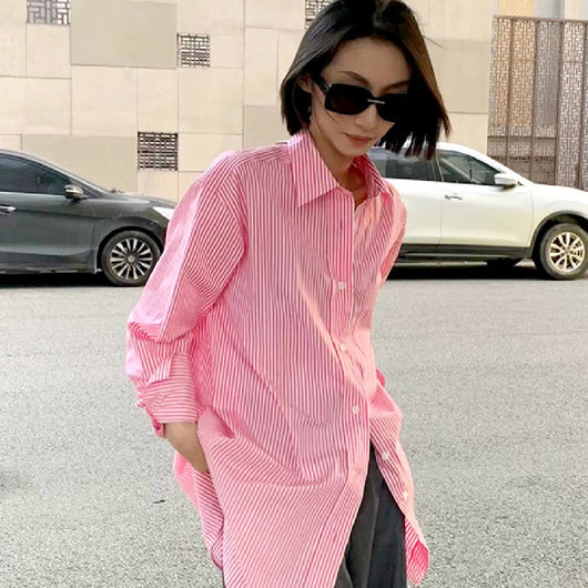 Camisa Suelta de Algodón a Rayas con Manga Larga para Mujer