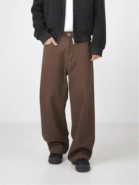 Pantalones Rectos de Algodón Lavado Estilo Retro en Marrón - Image 5