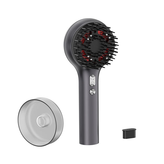 Dark gray electric scalp massage comb with black bristles and red accents, shown with a clear protective cover. - Image 5