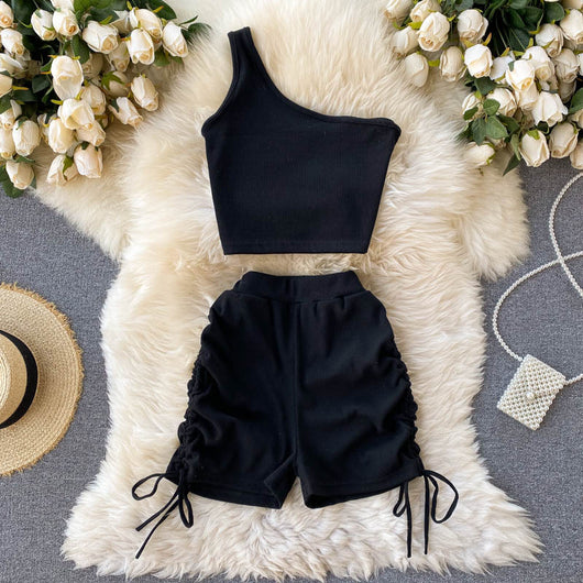 Conjunto Infantil Camiseta Asimétrica con Shorts Talle Alto Plisados - Image 9