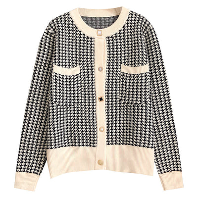 Cardigan Houndstooth Coreano Suelto Cuello Redondo Aroma Delicado - Image 9