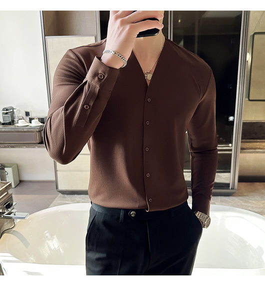 Camisa de Cuello V Manga Larga con Textura Waffle para Hombre - Image 27