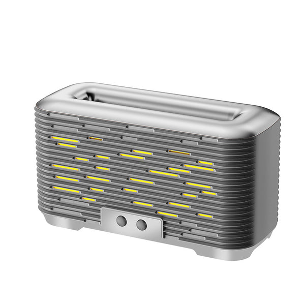 Rose gold and grey flame aroma diffuser and humidifier with horizontal slats and yellow LED lights. - Image 5