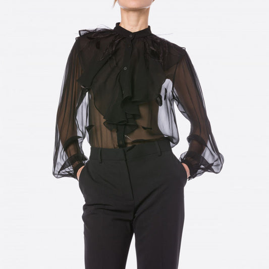 Blusa Elegante de Gasa con Cuello Alzado y Volantes