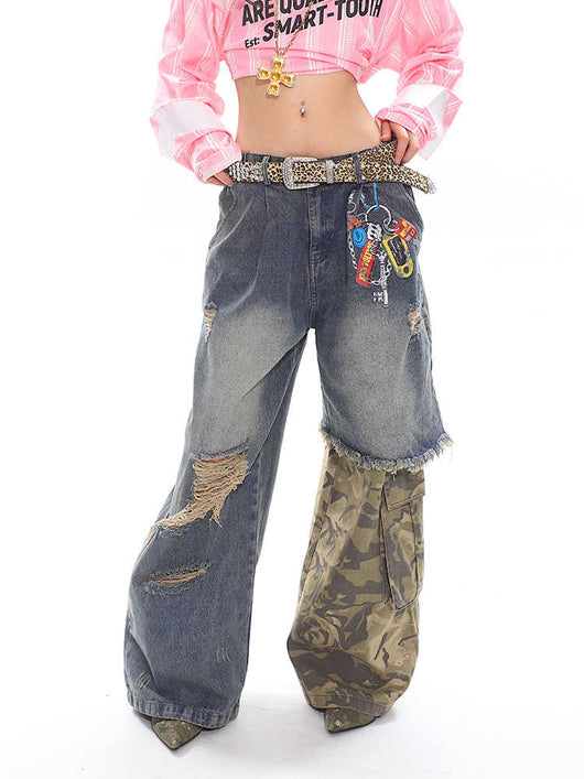 Pantalones Anchos Estilo Militar con Cadena Estampada y Efecto Dos Piezas - Image 4
