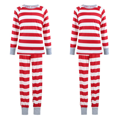 Red and white striped long-sleeve parent-child pajamas, including men's, women's, kids' two-piece sets, and a baby romper. - Image 13