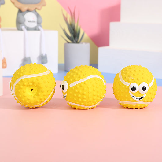Yellow textured latex pet ball with a cartoon face, designed as a sounding dog toy for teeth cleaning. - Image 11