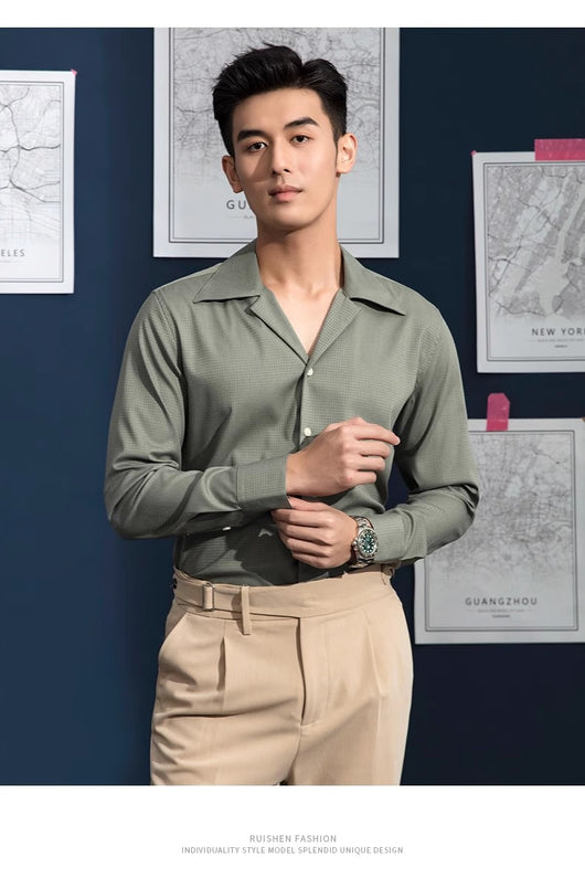 Camisa Casual de Negocios Cuello Cubano Manga Larga para Hombre - Image 6