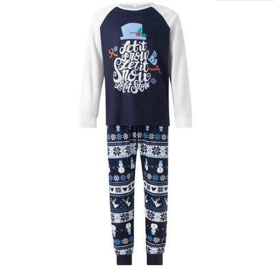Matching family pajamas with navy blue and white raglan tops featuring a 'Let it Snow' graphic and snowman hat. Bottoms have a festive pattern of snowflakes, sn - Image 3