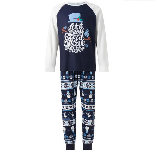Matching family pajamas with navy blue and white raglan tops featuring a 'Let it Snow' graphic and snowman hat. Bottoms have a festive pattern of snowflakes, sn - Image 3