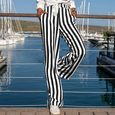 Pantalones de Lino y Algodón a Rayas para Mujer - Blanco Roto Casual - Image 8