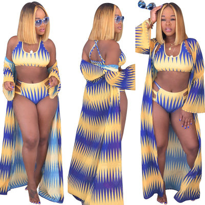 Women's blue and yellow geometric print bikini with high-waisted bottoms and a matching sheer kimono cover-up. - Image 5