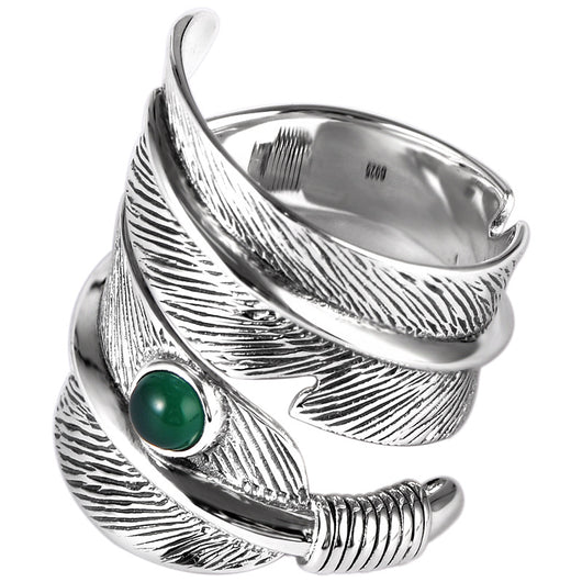 Anillo de Plata 925 con Ágata Verde Incrustada en Forma de Pluma - Image 9
