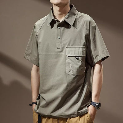 Men's khaki short-sleeve polo shirt with a lapel collar, three buttons, and a large flap chest pocket with a D-ring. - Image 6