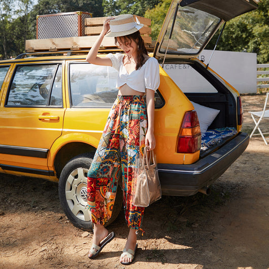 Pantalones Sueltos de Playa con Estampado Retro para Mujer - Image 3