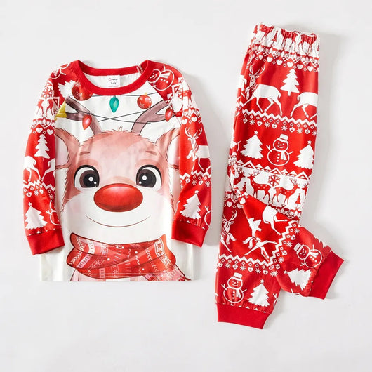 Red and white matching family Christmas pajamas with cartoon reindeer, Christmas trees, and snowman patterns. - Image 4