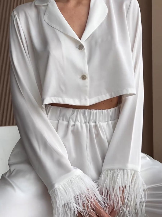 Conjunto Elegante de Blusa Manga Larga y Pantalón Ancho Cintura Alta - Image 11