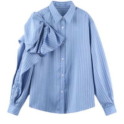 Blusa Casual Azul a Rayas con Lazo Coreano y Manga Larga para Mujer - Image 7