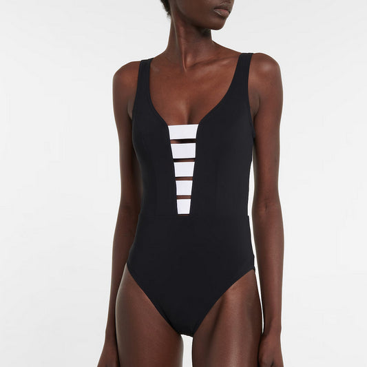 Black one-piece swimsuit with a deep V-neckline and white horizontal stitching detail across the plunge. - Image 2