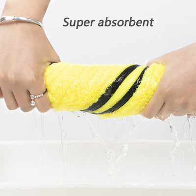 Yellow microfiber pet drying towel with black trim draped over a bathtub, with a golden retriever, poodle, and cat. - Image 5