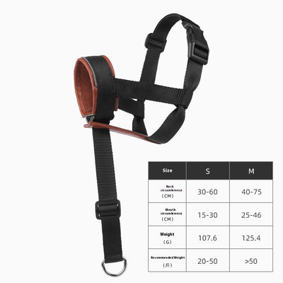 Black and brown leather and nylon dog muzzle with adjustable straps and a D-ring, shown with a size chart. - Image 8