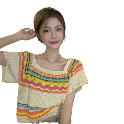 Blusa Verano Slim Fit Rayas Contraste Cuello Cuadrado Manga Corta - Image 5