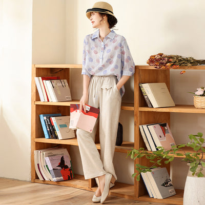 Blusa Estampada Suelta con Solapas - Largo Atrás, Corto Adelante