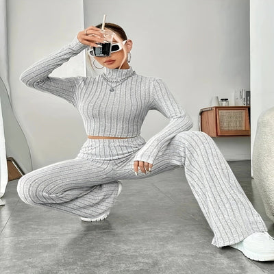 Conjunto de Punto Acanalado para Mujer - Blusa Manga Larga y Pantalón