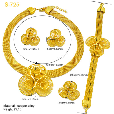 Gold-colored four-piece jewelry set with mesh texture: necklace, drop earrings, bracelet, and ring, all with knot design. - Image 11