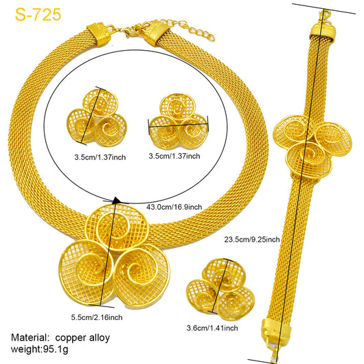 Gold-colored four-piece jewelry set with mesh texture: necklace, drop earrings, bracelet, and ring, all with knot design. - Image 11