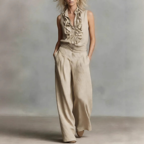 Conjunto Elegante de Lino: Blusa sin Mangas y Pantalón de Pierna Ancha