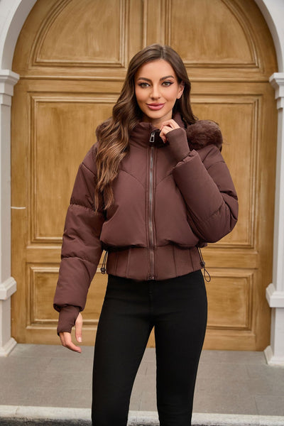 Chaqueta de Algodón Corta con Capucha y Cuello de Pelaje para Mujer - Image 16