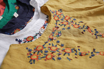 Blusa Étnica de Algodón con Bordado Cuello Redondo Manga Corta para Mujer - Image 15