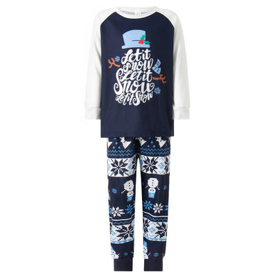 Matching family pajamas with navy blue and white raglan tops featuring a 'Let it Snow' graphic and snowman hat. Bottoms have a festive pattern of snowflakes, sn - Image 15