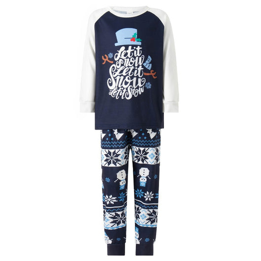 Matching family pajamas with navy blue and white raglan tops featuring a 'Let it Snow' graphic and snowman hat. Bottoms have a festive pattern of snowflakes, sn - Image 15