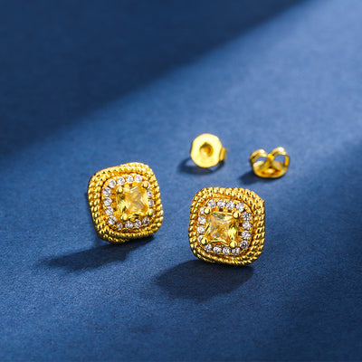 Women's gold-toned jewelry set with a ring, necklace, and stud earrings, each featuring a square yellow gemstone surrounded by small clear stones. - Image 3