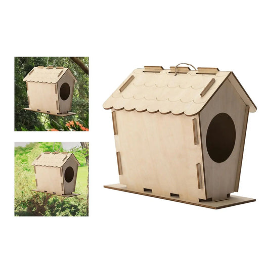 Unfinished wooden birdhouse with a scalloped roof, circular entrance, and hanging loop, ready for DIY decoration. - Image 3