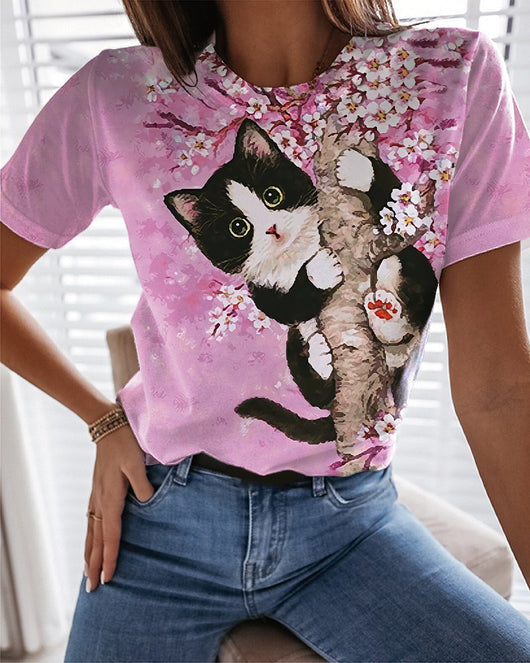 Camiseta Estampado Abstracto Cuello Redondo Manga Corta Mujer 3D