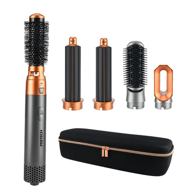 5-in-1 multifunctional hair styler with dark gray handle and rose gold accents, including hot air comb, curling wands, and paddle brush attachments, plus a blac - Image 5