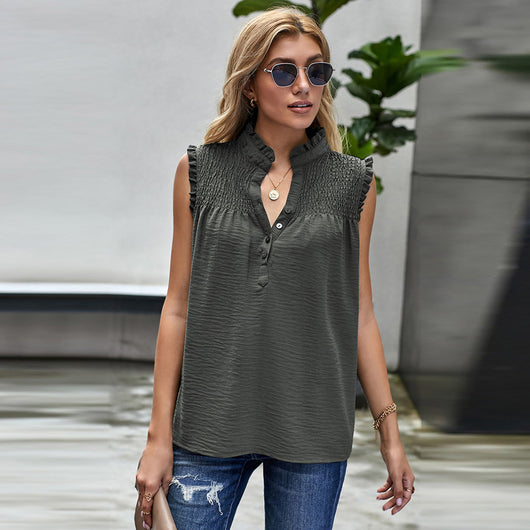 Blusa Suelta de Cuello Alto con Volantes y Botones - Estilo Casual Verano - Image 4