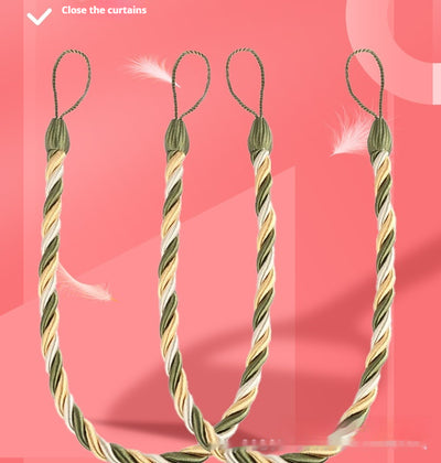 Four beige twisted rope curtain tie-backs with loops, shown with two silver screw-in hooks and on sheer white curtains. - Image 16