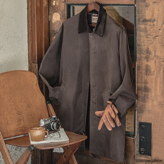 Abrigo Impermeable de Lana Encerada Estilo Británico Marrón - Gabardina Retro para Hombre