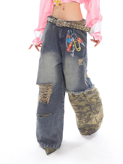 Pantalones Anchos Estilo Militar con Cadena Estampada y Efecto Dos Piezas - Image 9