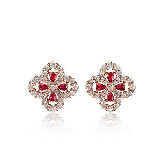 Aretes de Plata S925 Flor de Cuatro Pétalos con Piedra Roja Cultivada para Mujer - Image 3
