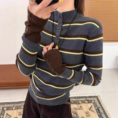 Blusa Larga Coreana con Bloques de Color a Rayas - Diseño Premium para Mujer