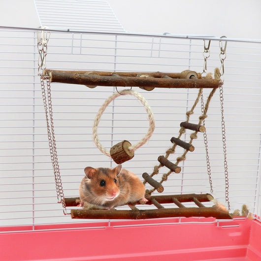 Wooden suspension bridge and ladder climbing toy for small pets, made of natural branches and jute rope, hanging in a cage. - Image 6