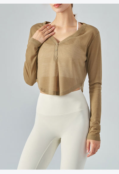 Blusa Yoga Suelta Cuello V Manga Larga con Efecto Drapeado - Image 18