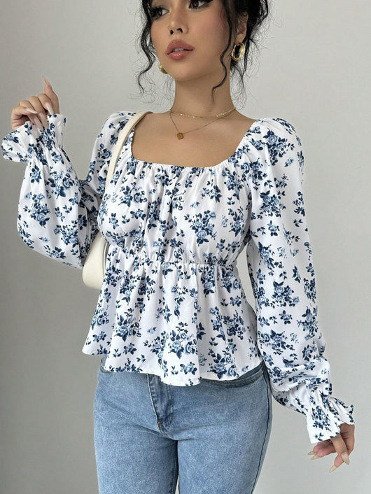 Blusa Floral de Invierno con Cuello Cuadrado y Mangas Abullonadas - Image 10